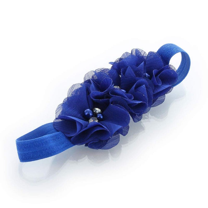 My Lello Girls Flower Headbands Toddler Fabric Beaded Trio Stretchy Elastic Pair (Royal/White) - Image 4